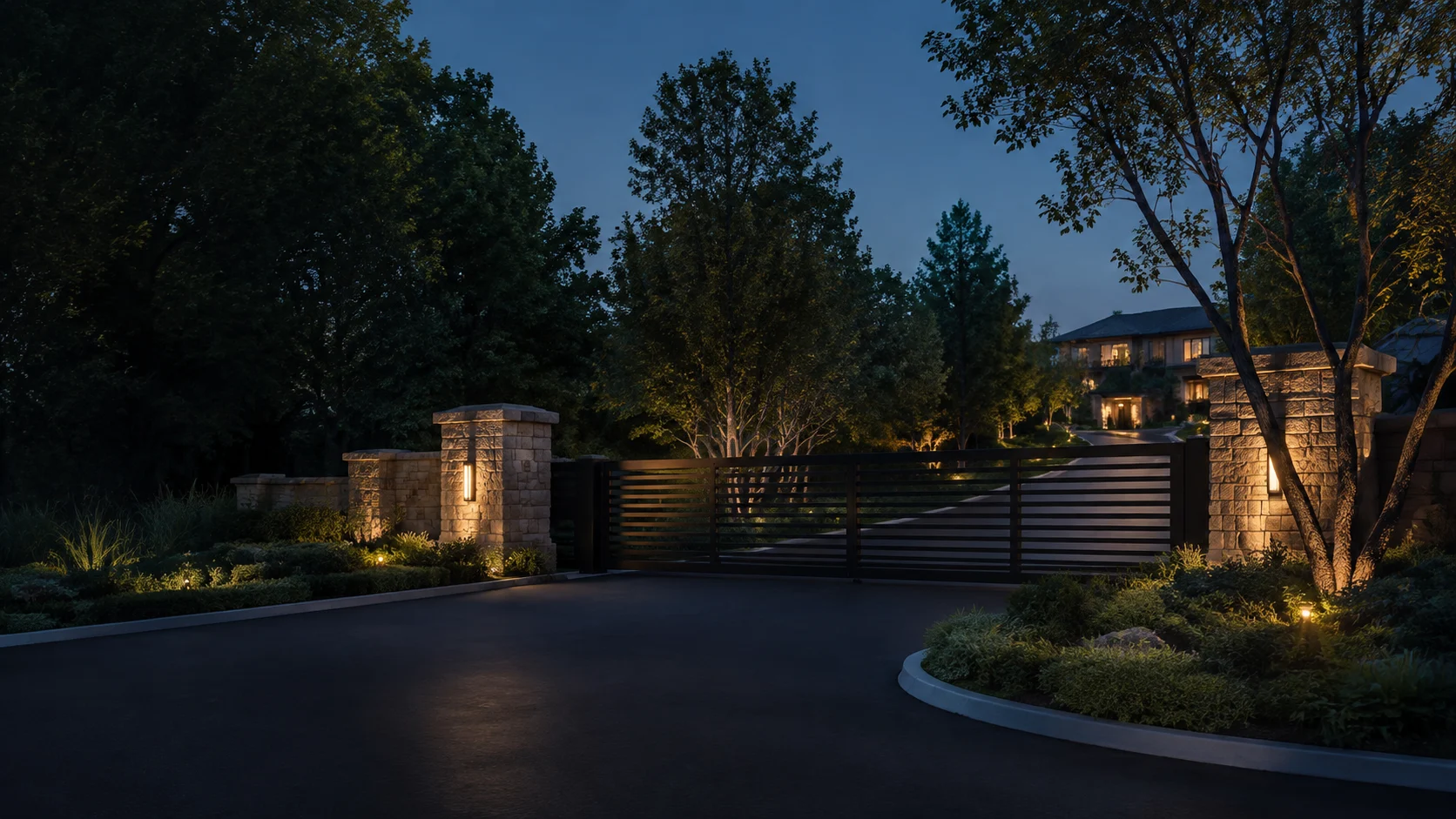 Illustration of a landscaped gate entrance at dusk